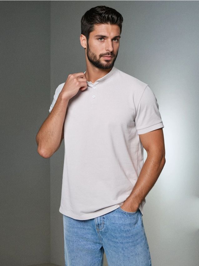 Sinsay - Tricou polo din bumbac cu guler tip tunică - gri deschis