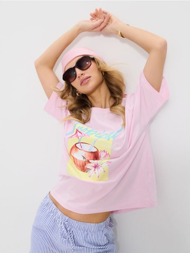 Sinsay - Tricou din bumbac cu imprimeu de vacanță - roz