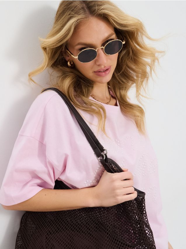 Sinsay - Tricou din bumbac cu inscripție din perle - roz-pastel