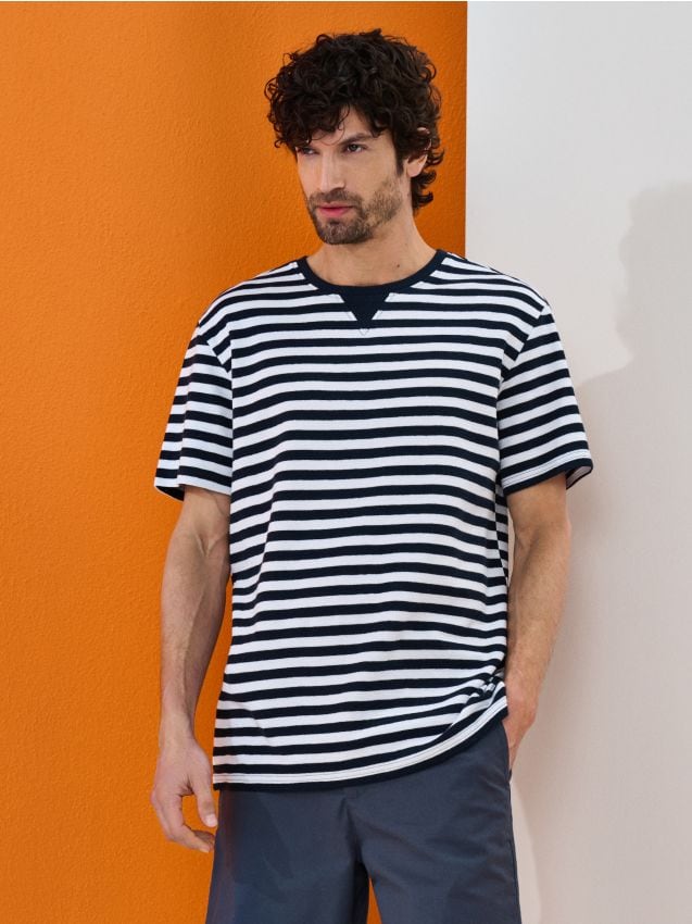 Sinsay - Tricou din bumbac în dungi - bleumarin