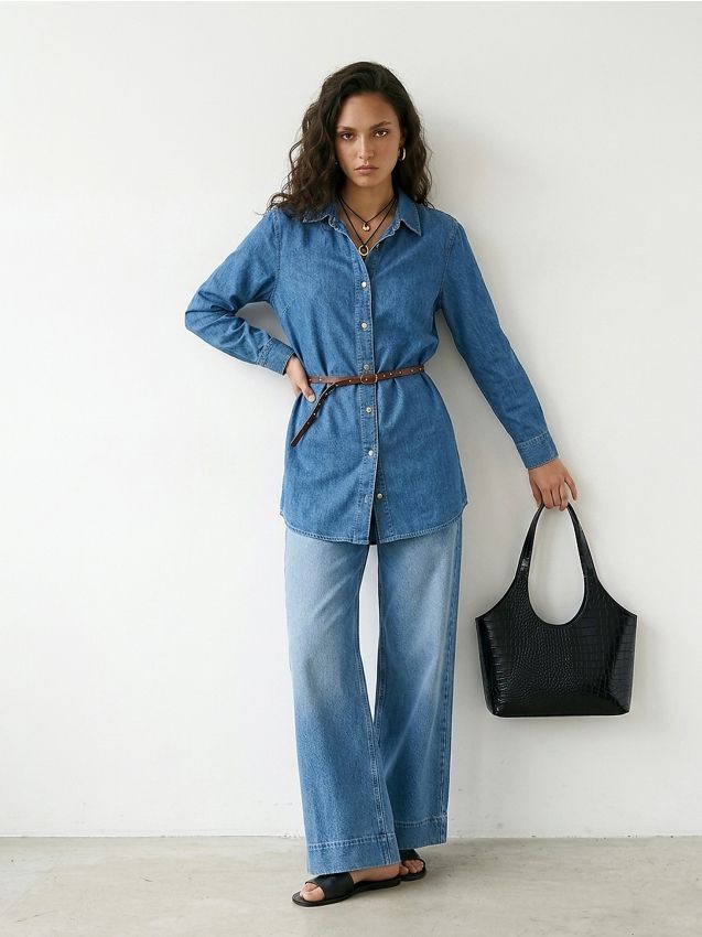 Sinsay - Cămașă din denim cu curea - albastru