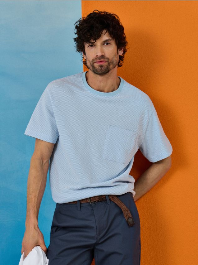 Sinsay - Bawełniana koszulka z kieszonką - błękitny