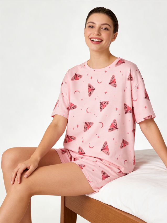 Sinsay - Pijama din două piese cu motiv de molii - roz