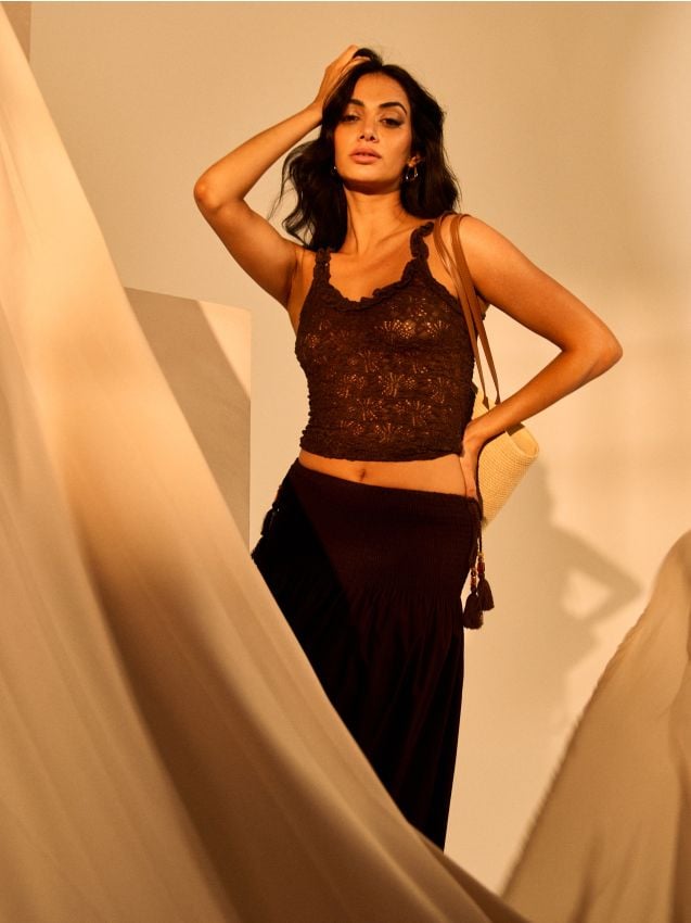 Sinsay - Fustă midi din bumbac cu fronseuri și ciucuri decorativi - maro