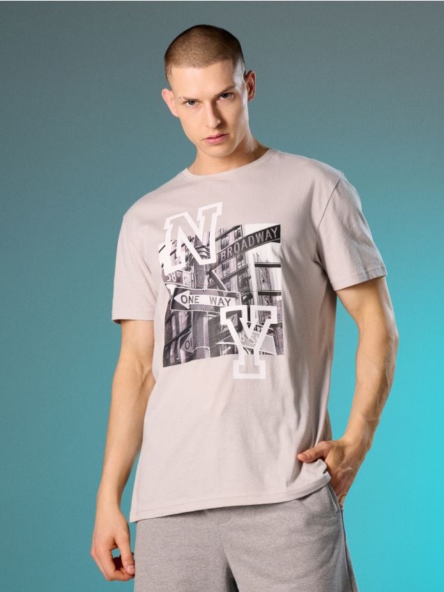 Sinsay - Tricou din bumbac cu imprimeu New York - nude