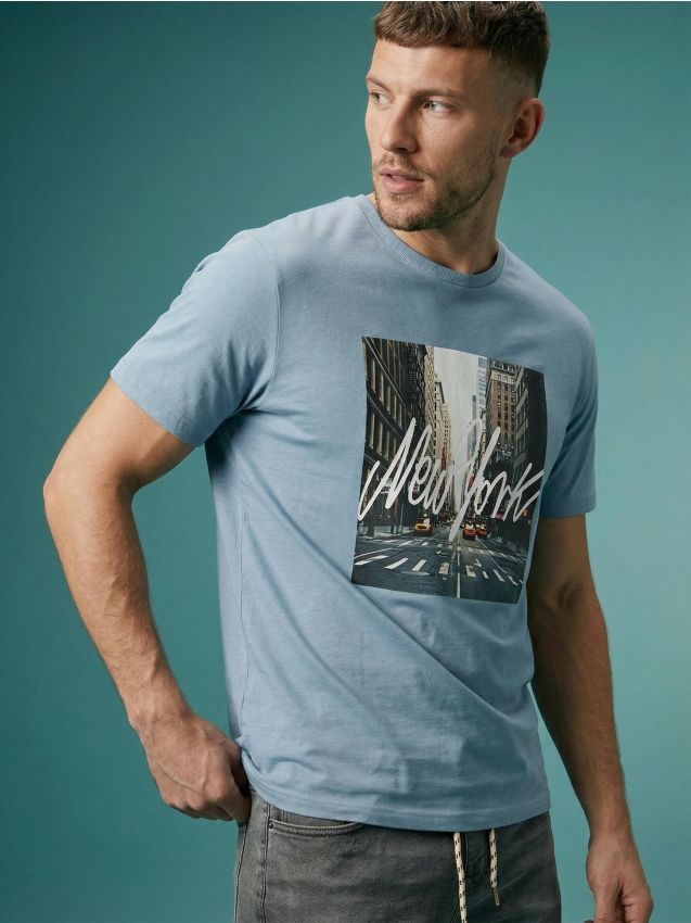 Sinsay - Tricou din bumbac cu imprimeu New York - light blue