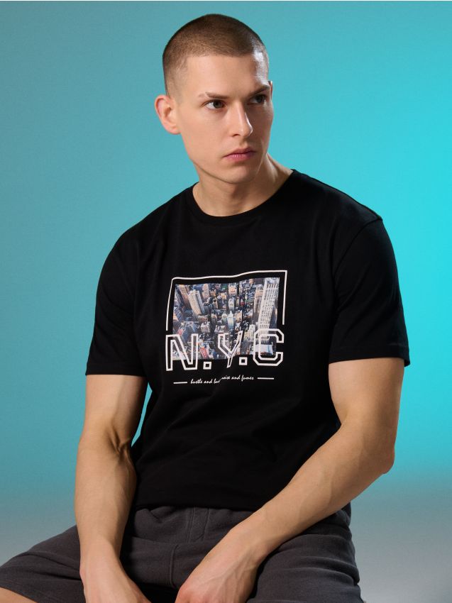 Sinsay - Tricou din bumbac cu imprimeu New York - negru