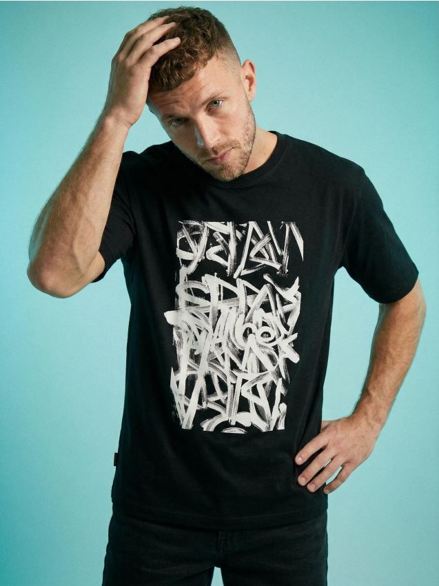 Sinsay - Tricou din bumbac comfort cu mânecă scurtă - negru