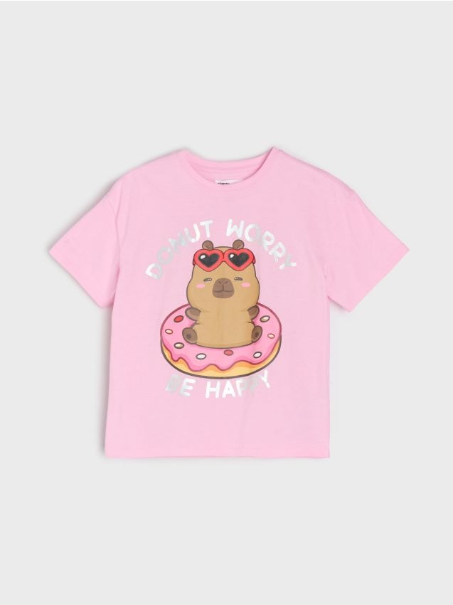 Sinsay - Tricou din bumbac cu imprimeu capibara - roz-pastel