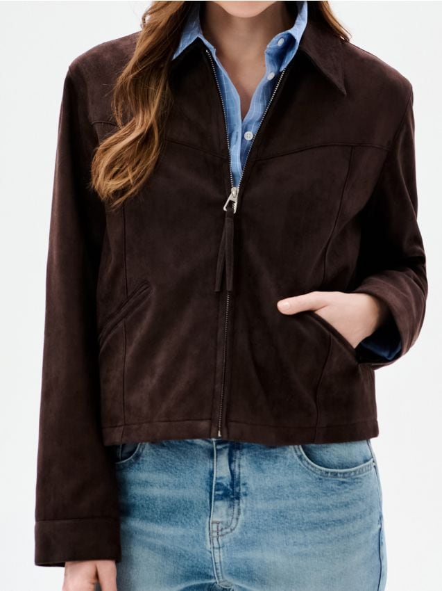 Sinsay - Jachetă cu guler din material tip piele întoarsă - brun-auriu