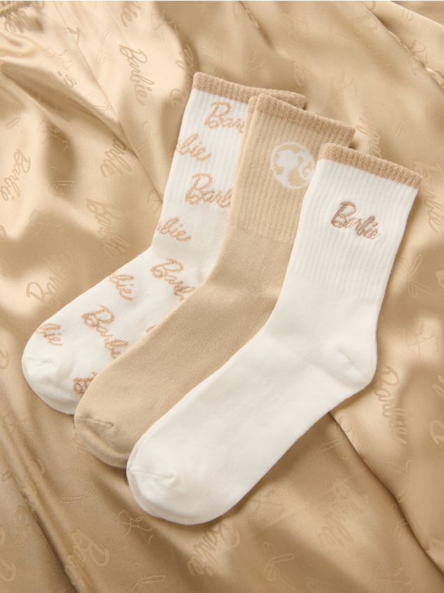 Sinsay - Súprava 3 párov ponožiek Barbie - krémová