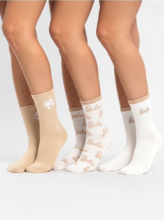 Sinsay - Súprava 3 párov ponožiek Barbie - krémová