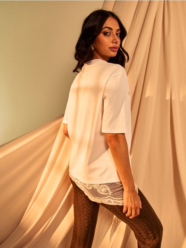 Sinsay - Tricou din bumbac cu motiv de perle - crem