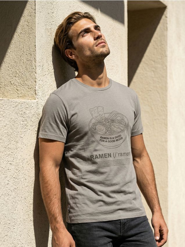 Sinsay - Tricou din bumbac cu inscripție Ramen - gri-neutru
