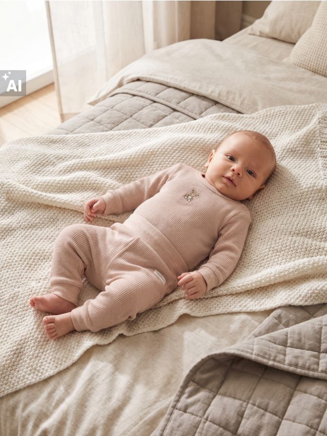 Sinsay - Set din bumbac cu structură waffle: body și pantaloni cu manșete răsucibile - bej