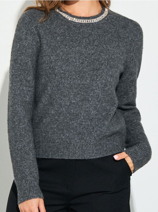Sinsay - Sveter s ozdobnými kamienkami s prímesou vlny - tmavosivá