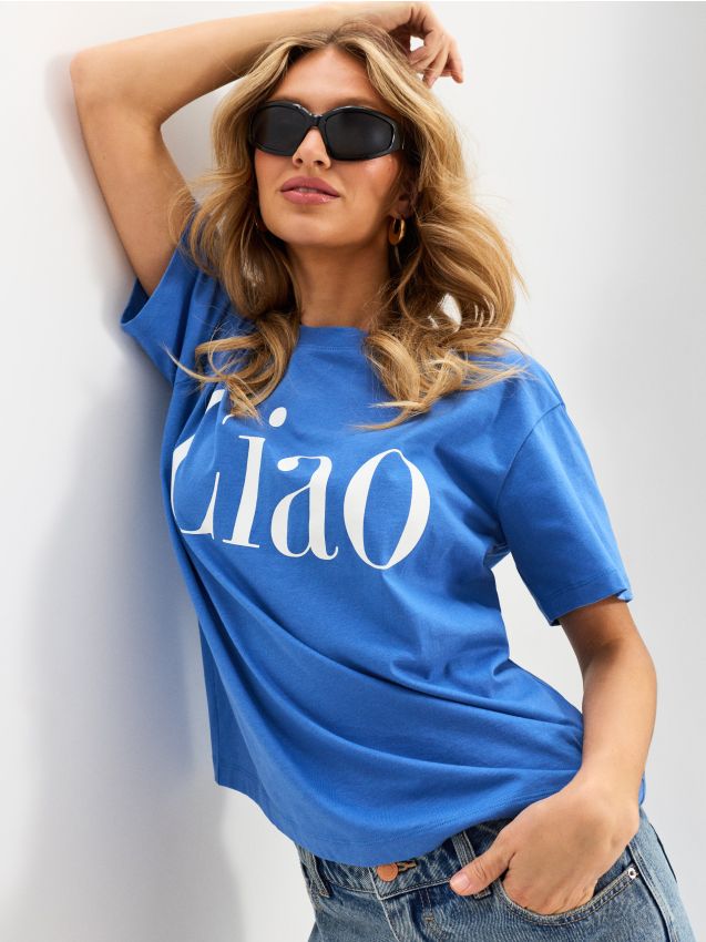 Sinsay - Tricou din bumbac cu inscripție Ciao - albastru