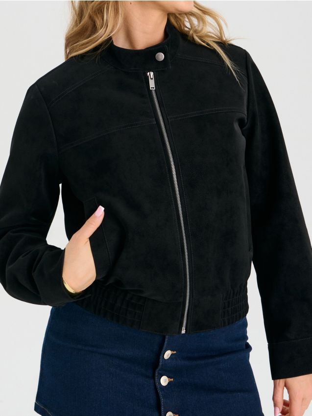 Sinsay - Geacă din imitație de piele întoarsă cu guler tip stand și capse - negru