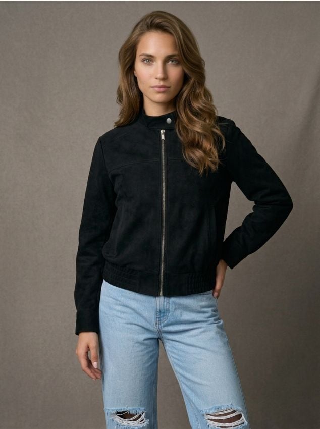 Sinsay - Geacă din imitație de piele întoarsă cu guler tip stand și capse - negru