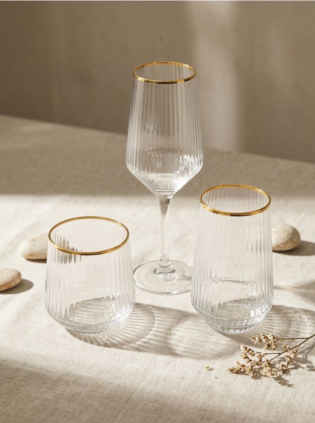 Sinsay - Pahare de vin cu striații și margine aurie 2 pack - auriu