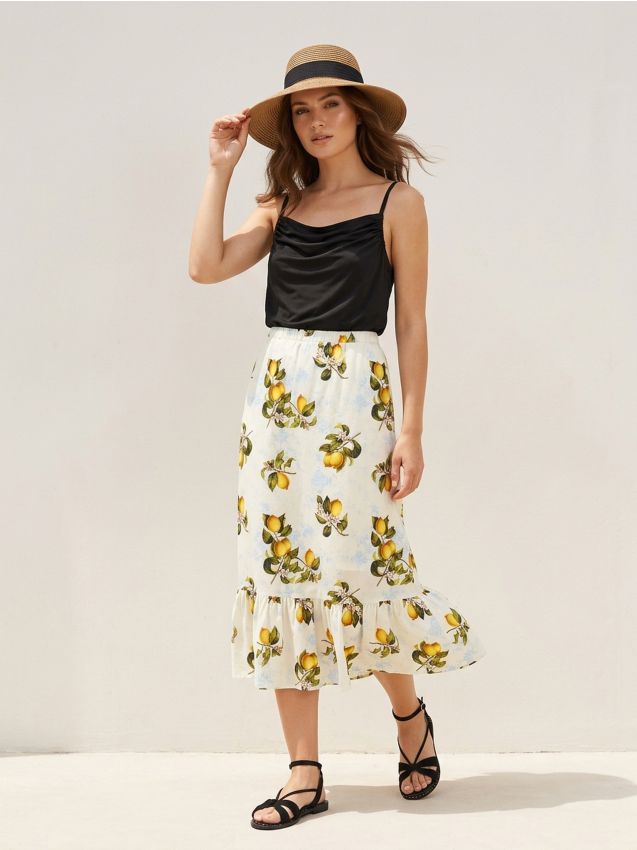 Sinsay - Fustă midi din bumbac cu volane cu imprimeu lămâi - multicolor