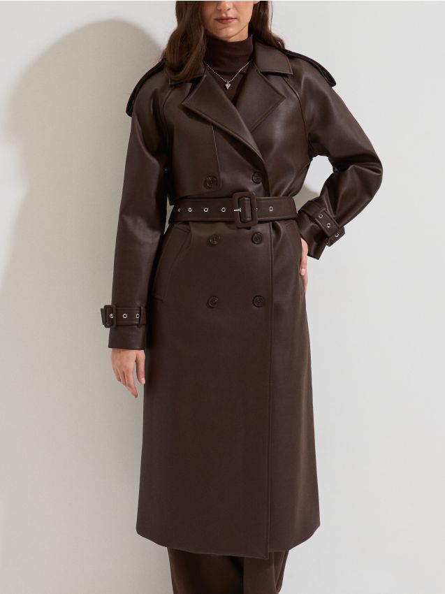 Sinsay - Trenci din imitație de piele cu curea - maro-închis