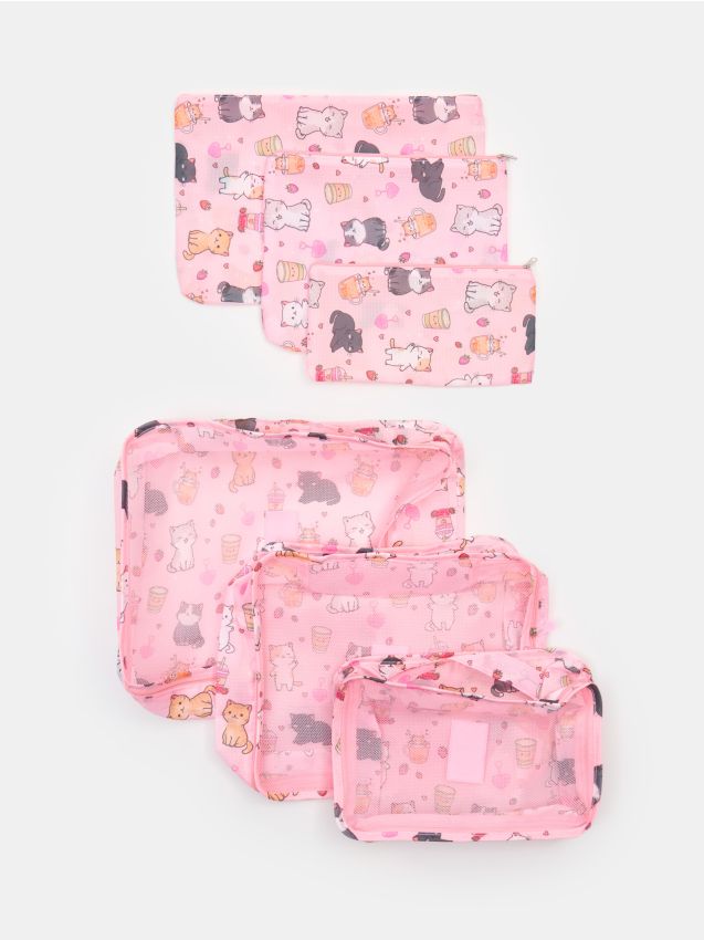 Sinsay - Set de organizatoare pentru valiză cu model de pisici – 6 bucăți - roz