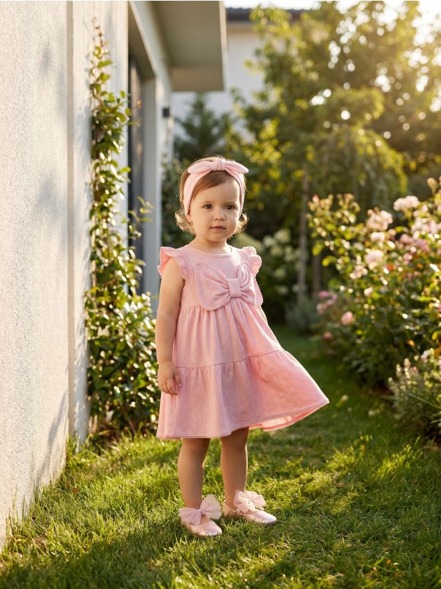 Sinsay - Rochie din bumbac cu fundă și volane - roz-pudră