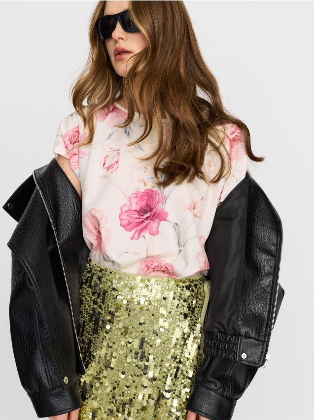 Sinsay - Tricou din bumbac cu mânecă scurtă cu motiv floral - crem