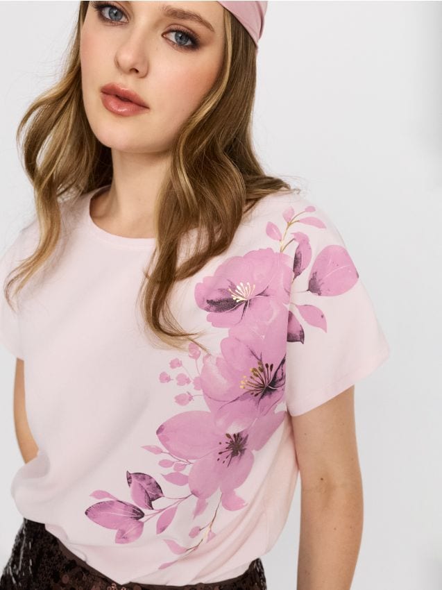 Sinsay - Tricou din bumbac cu mânecă scurtă cu motiv floral - roz