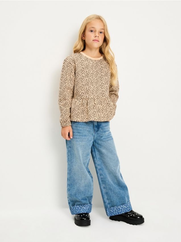 Sinsay - Jeansy wide leg z podwijaną nogawką - niebieski