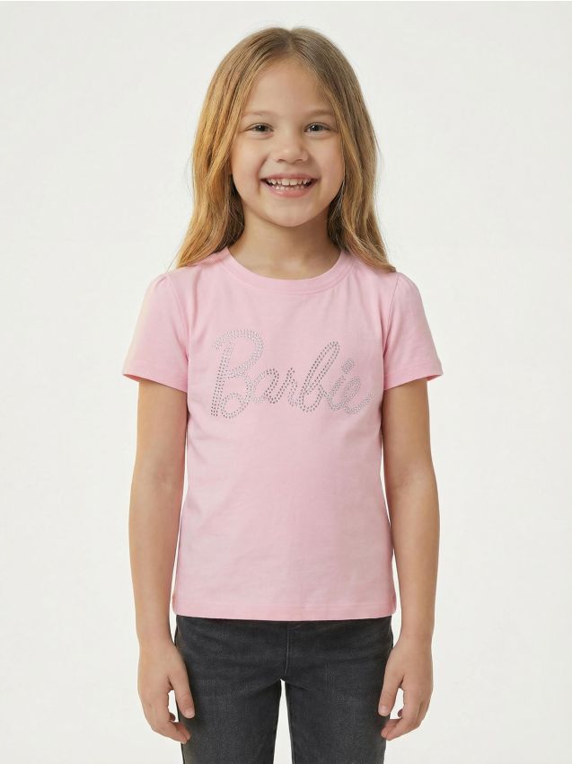 Sinsay - Tricou din bumbac cu strasuri decorative Barbie - roz-pastel