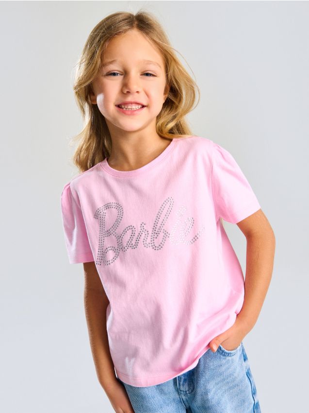 Sinsay - Tricou din bumbac cu strasuri decorative Barbie - roz-pastel