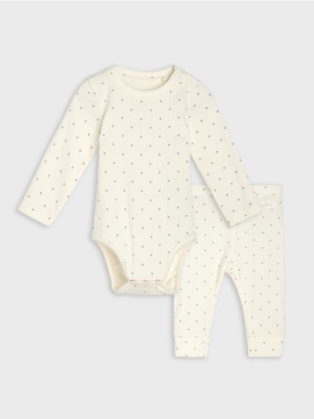 Sinsay - Set reiat din bumbac cu body și colanți cu buline - crem