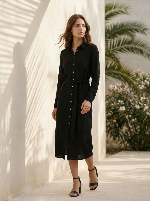 Abito camicia in viscosa con mix di lino - nero
