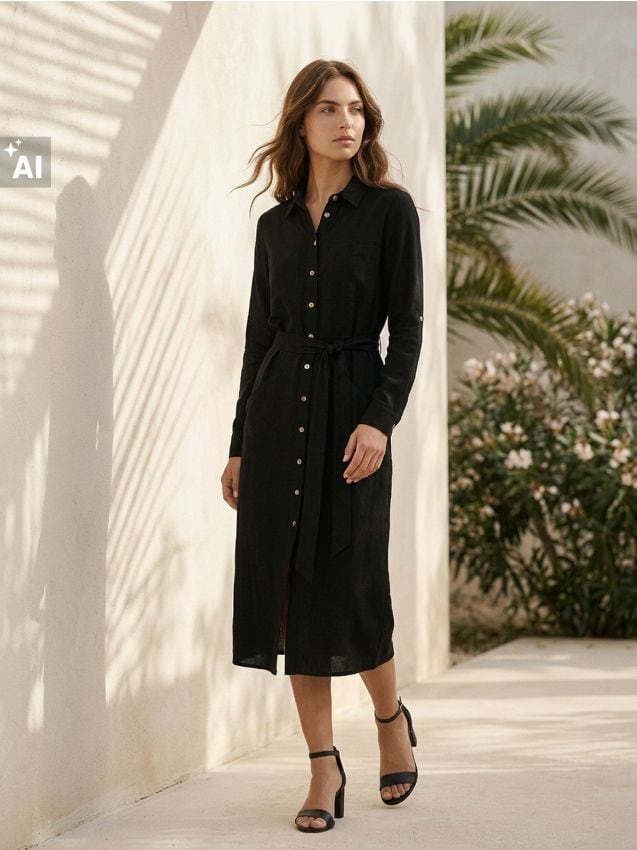 Sinsay - Rochie cămașă din viscoză cu amestec de in - negru