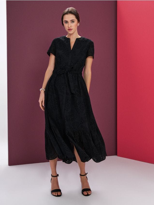 Sinsay - Rochie midi din bumbac ajurat cu volan și șnur - negru