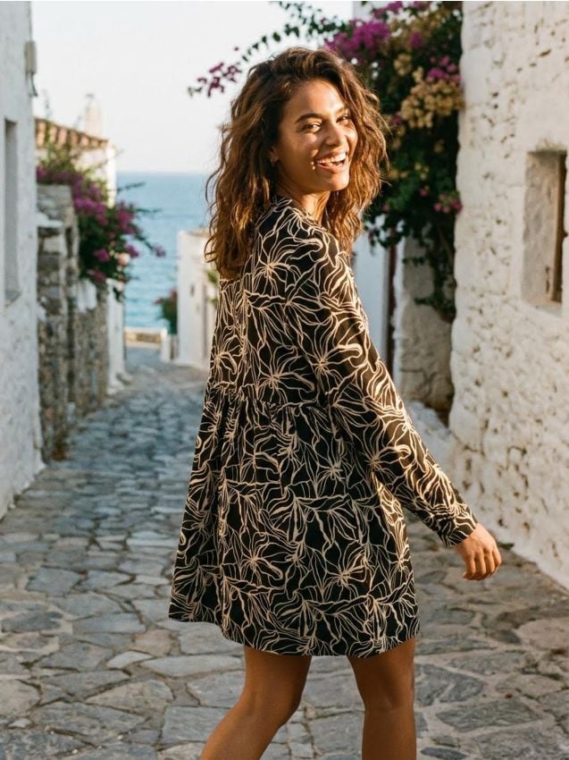 Sinsay - Rochie mini din bumbac cu șnur la decolteu - multicolor