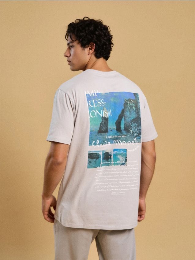 Sinsay - Tricou din bumbac cu inscripție Claude Monet - gri deschis