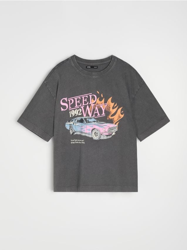 Sinsay - Tricou din bumbac cu imprimeu mașină - gri-închis
