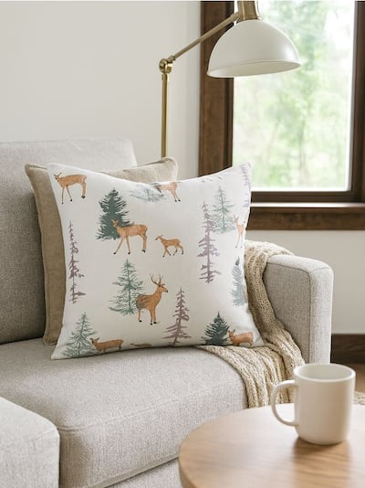 Zimowa poduszka dekoracyjna z motywem reniferów i drzew