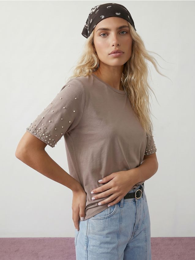 Sinsay - Tricou din bumbac cu aplicații pe mâneci - cafeniu