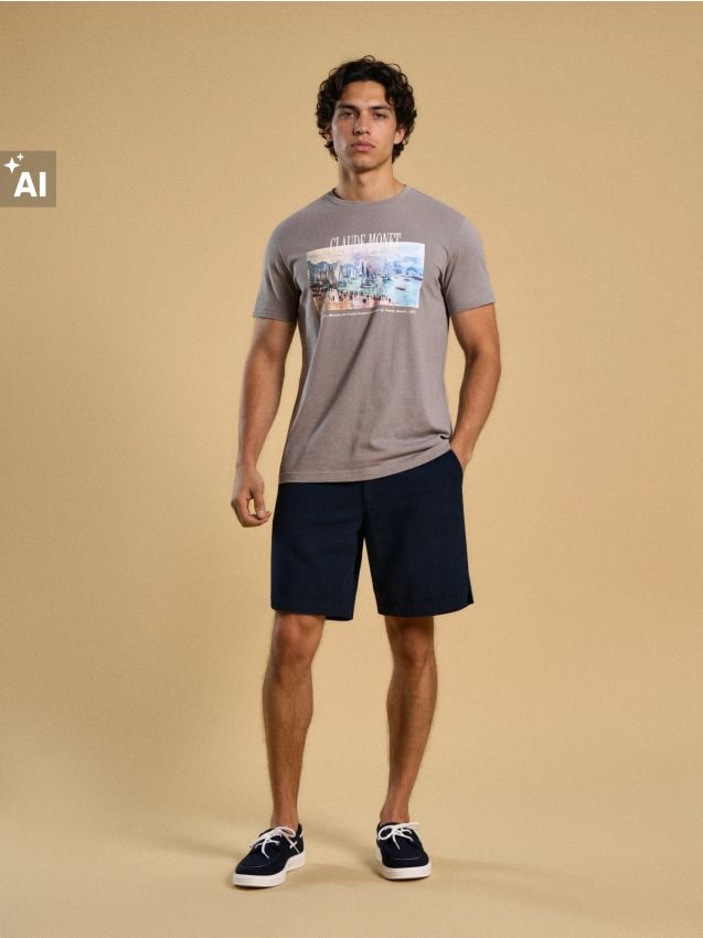 Sinsay - Tricou din bumbac cu inscripție Claude Monet - gri-neutru
