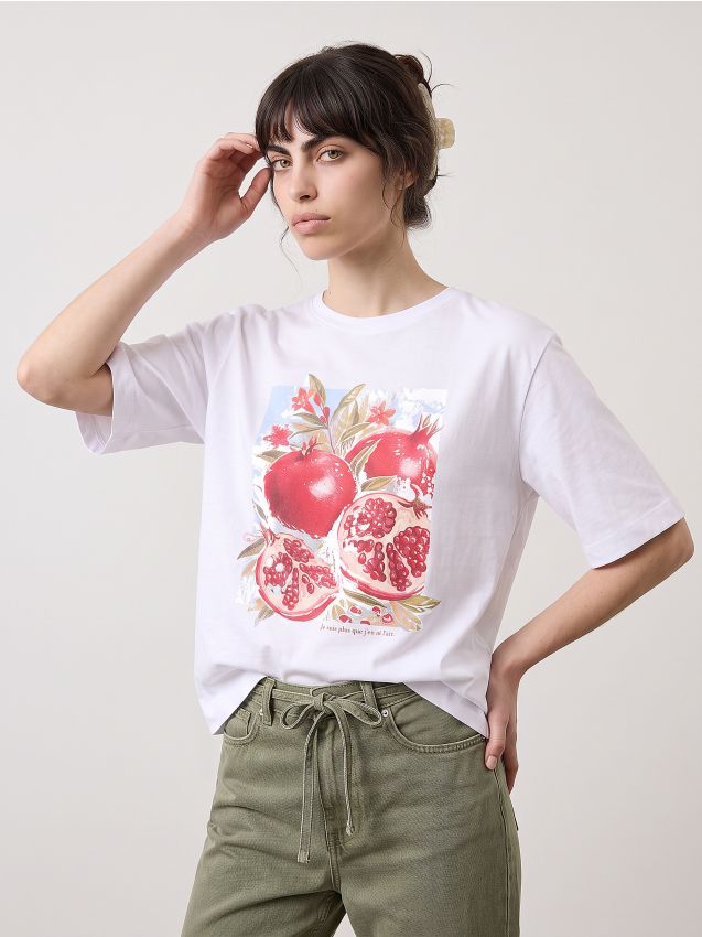 Sinsay - Tricou din bumbac cu motiv de fructe de rodie - alb