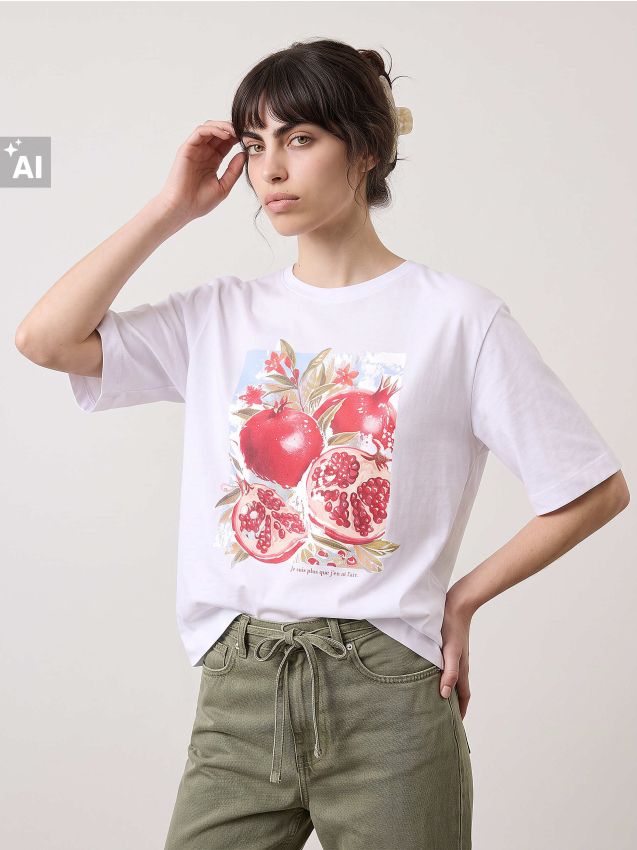 Sinsay - Tricou din bumbac cu motiv de fructe de rodie - alb