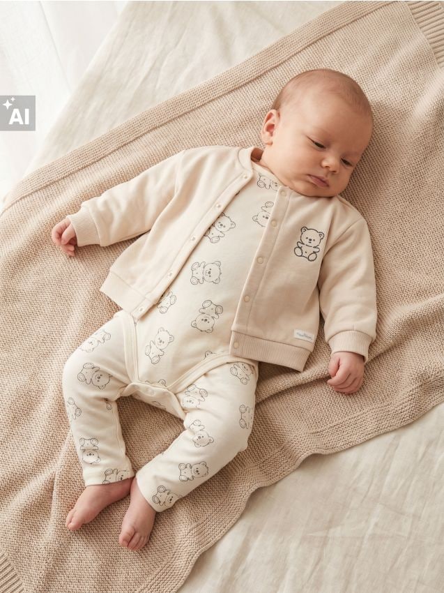 Sinsay - Set din bumbac cu motiv ursuleți 4 pack - crem
