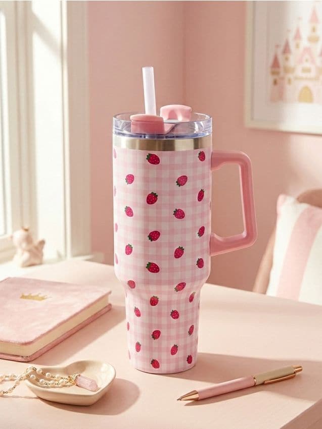 Sinsay - Cană termo cu mâner și pai cu motiv de căpșuni - roz-pastel