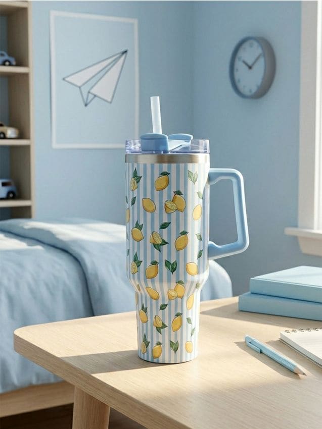 Sinsay - Cană termo cu mâner și pai cu motiv de lămâi - galben