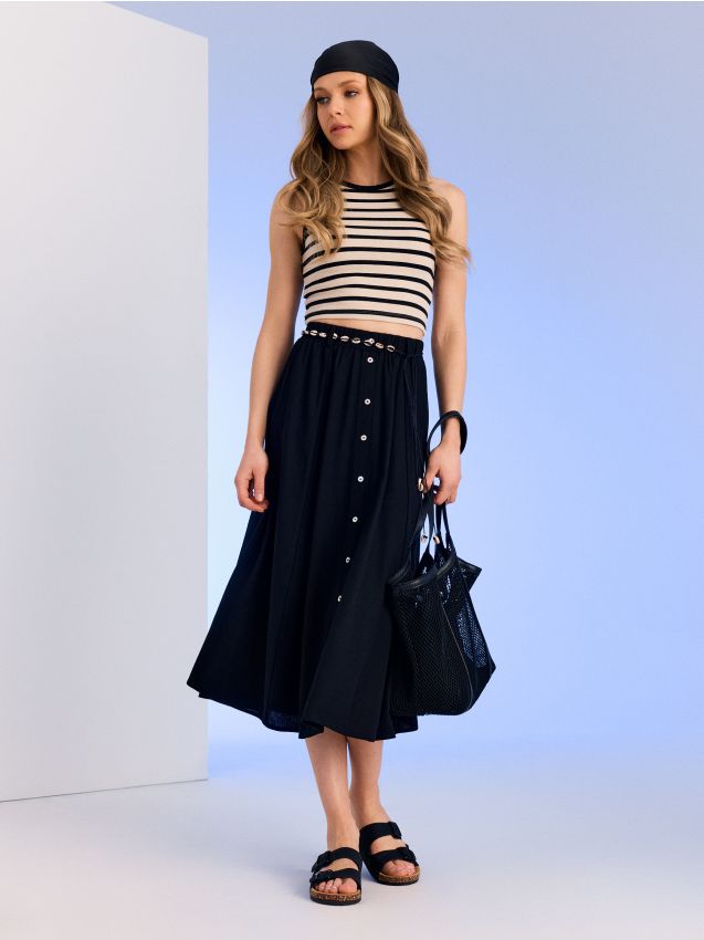 Sinsay - Fustă midi cu curea decorativă și amestec de in - negru