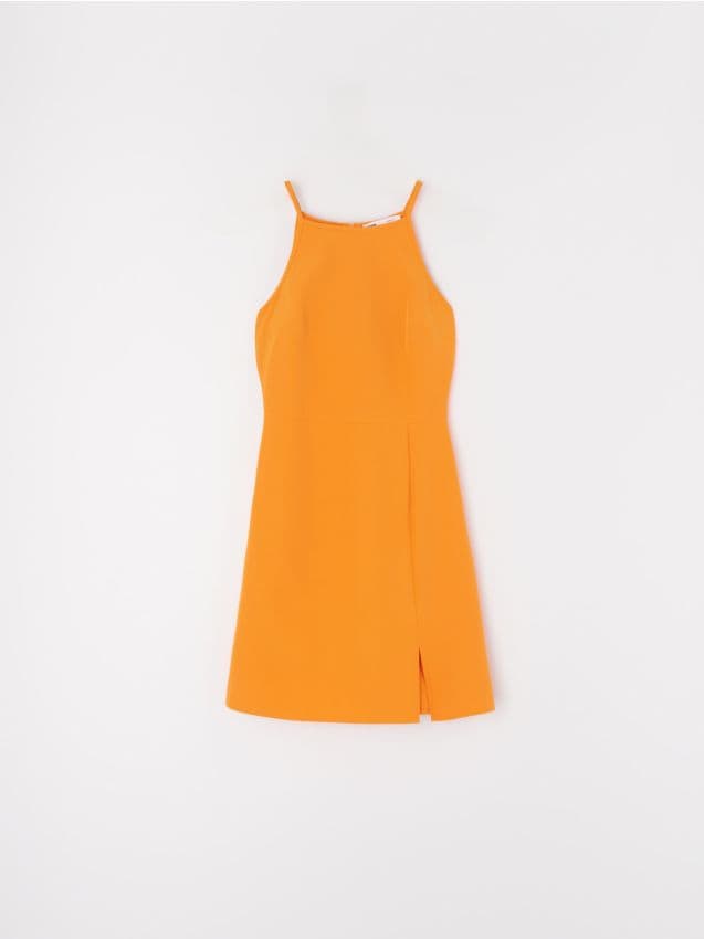 Sinsay - Mini šaty na ramienkach s halter výstrihom a rozparkom vpredu - oranžová